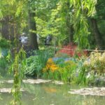 A serene pond with water lilies framed by cascading weeping willow branches, with passersby walking along a garden path in the background.